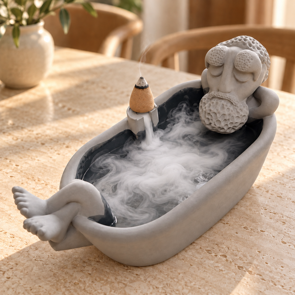 Gray bathing grandpa backflow incense burner showing smoke on a sunlit table. Incense cones not included.