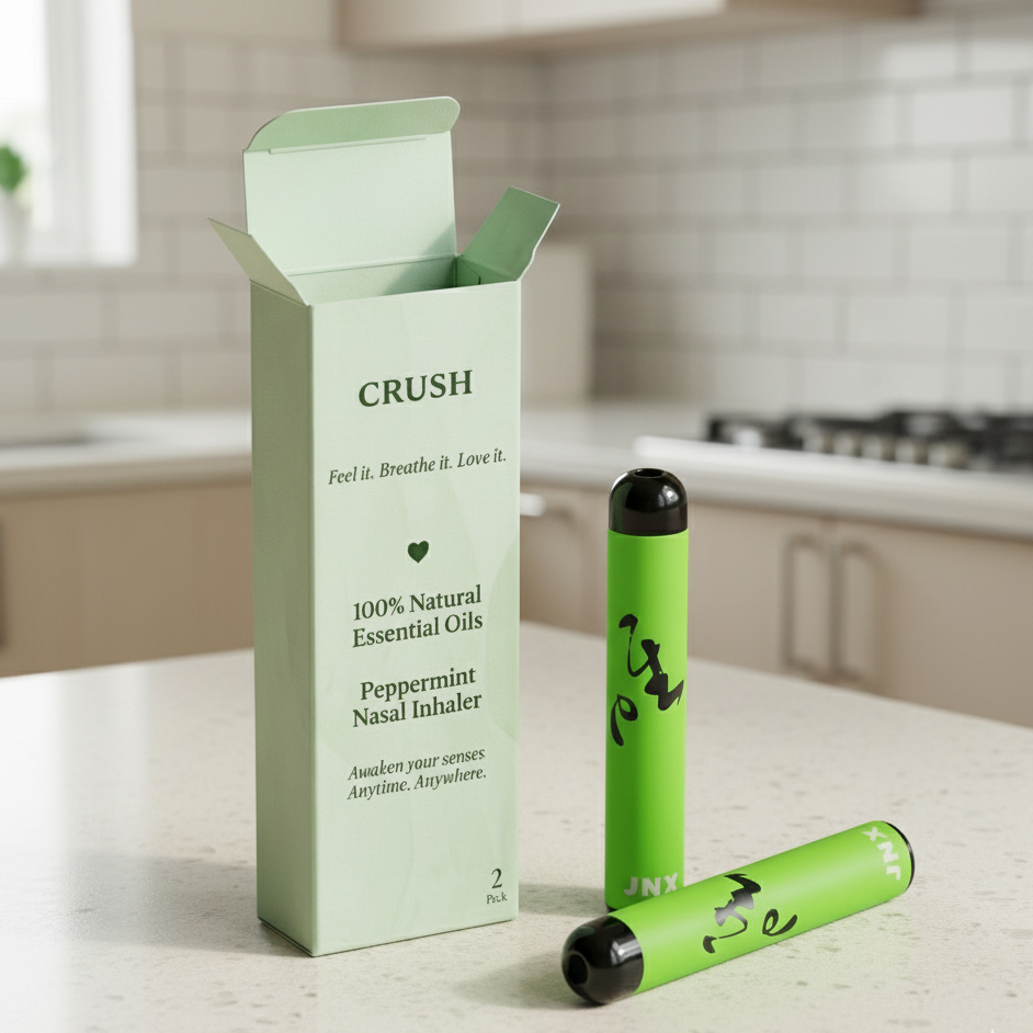 Green nasal inhaler with packaging labeled 'CRUSH' on a beige background