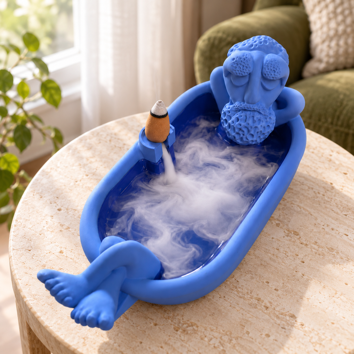 Blue bathing grandpa incense burner shown with a separately purchased backflow cone. Incense not included.