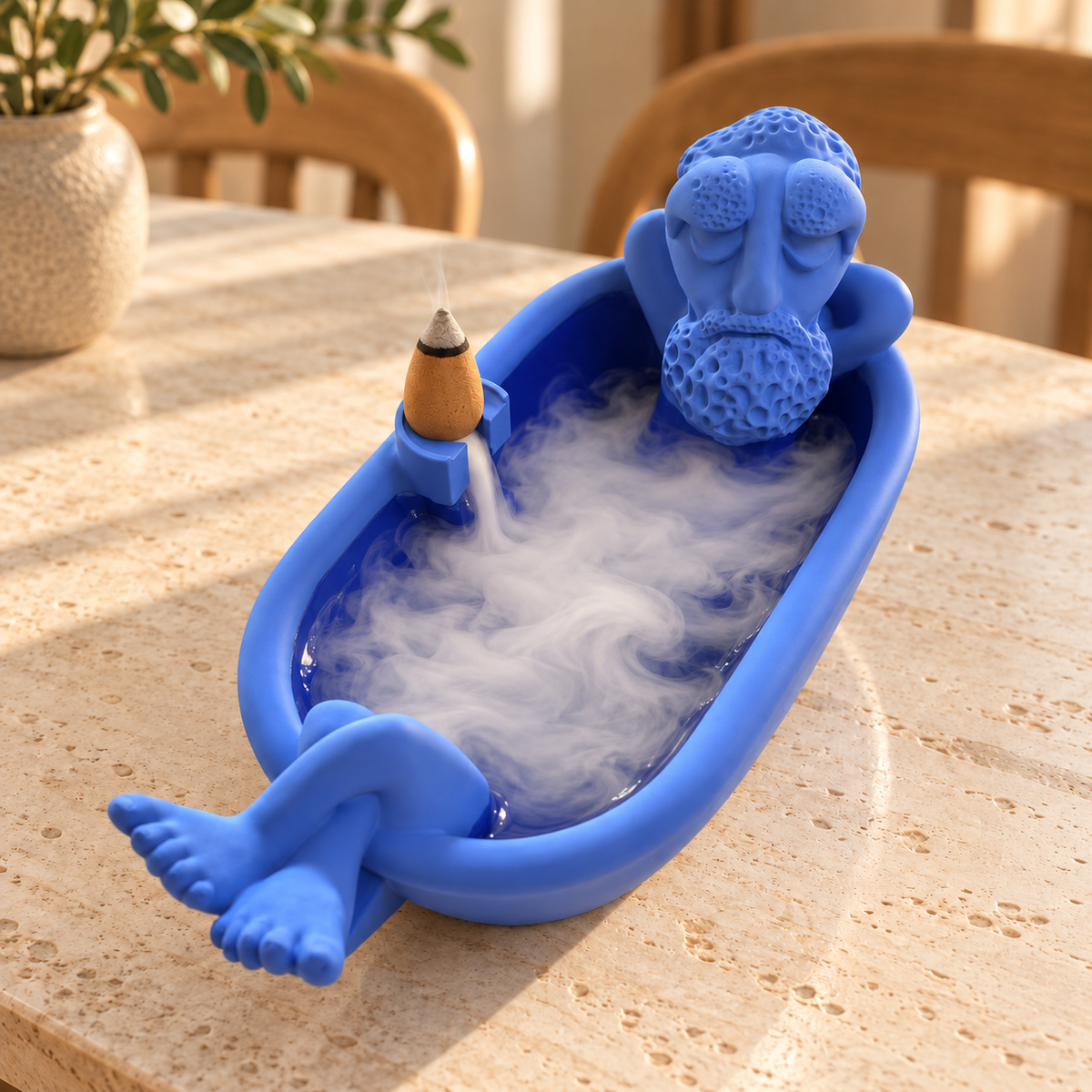 Blue bathing grandpa backflow incense burner showing smoke on a sunlit table. Incense cones not included.