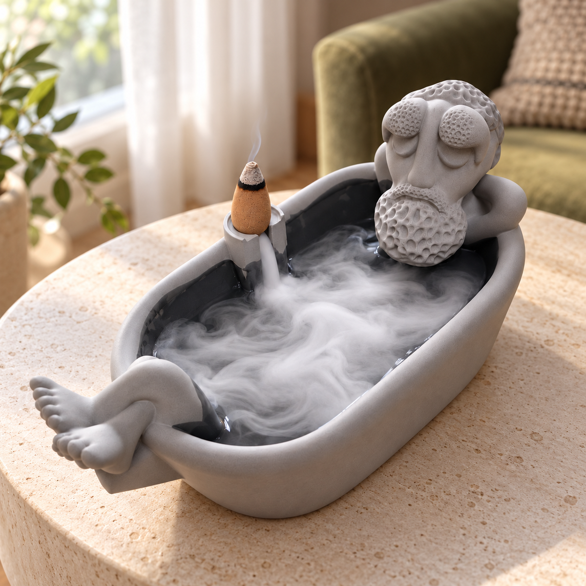 Gray bathing grandpa incense burner shown with a separately purchased backflow cone. Incense not included.