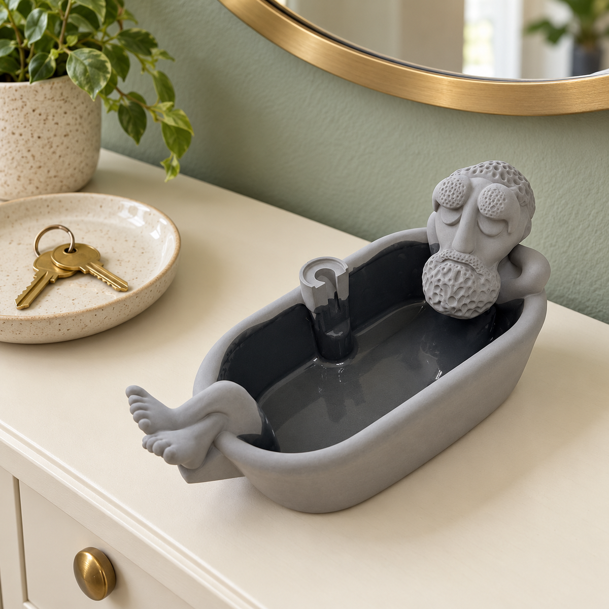 Gray bathing grandpa backflow incense burner without a cone.