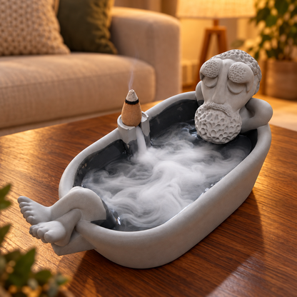 Gray bathing grandpa backflow incense burner with smoke in a warm living-room setting. Incense cones not included.